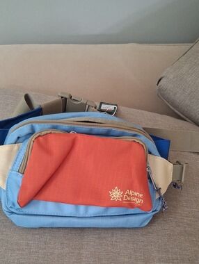 Alpine Design Men's Orange and Light Blue Waist Pack with Tan Strap